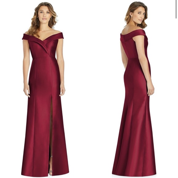 ALFRED SUNG Dresses & Skirts - Alfred Sung Off-The-Shoulder Satin Gown - Burgundy - 4